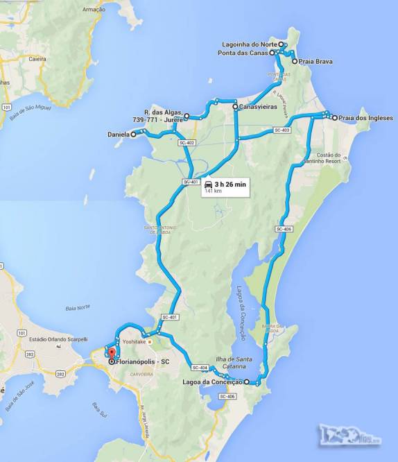 Nossos circuitos pelo norte da ilha. Na primeira vez, fomos à praia dos Ingleses e voltamos pelo lado leste da ilha, contornando a lagoa. Na segunda, passamos por Ponta das Canas, Lagoinha, Praia Brava, Canasvieiras, Jurerê e Daniela